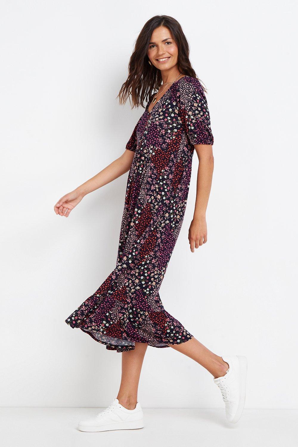 Berry Ditsy Floral Tiered Jersey Midi ...